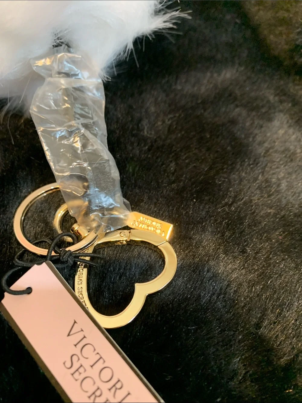 Victoria's Secret White Faux Fur Pom Pom Keychain with Red Sequin Lip Accent